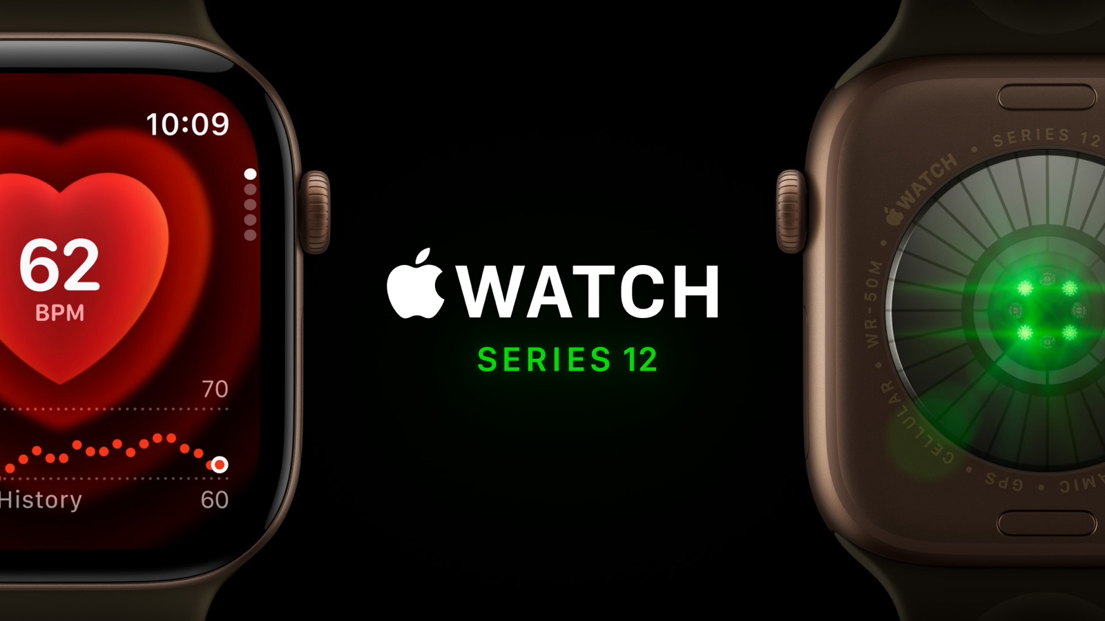 Apple Watch Series 12: links das Display mit Herzfrequenz 62 BPM, rechts die Rückseite mit grünem Herzfrequenzsensor, in der Mitte der Schriftzug Apple Watch Series 12